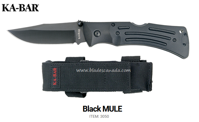 Ka-Bar Mule Folding Knife, AUS 8, Zytel Black, Nylon Sheath, Ka3050
